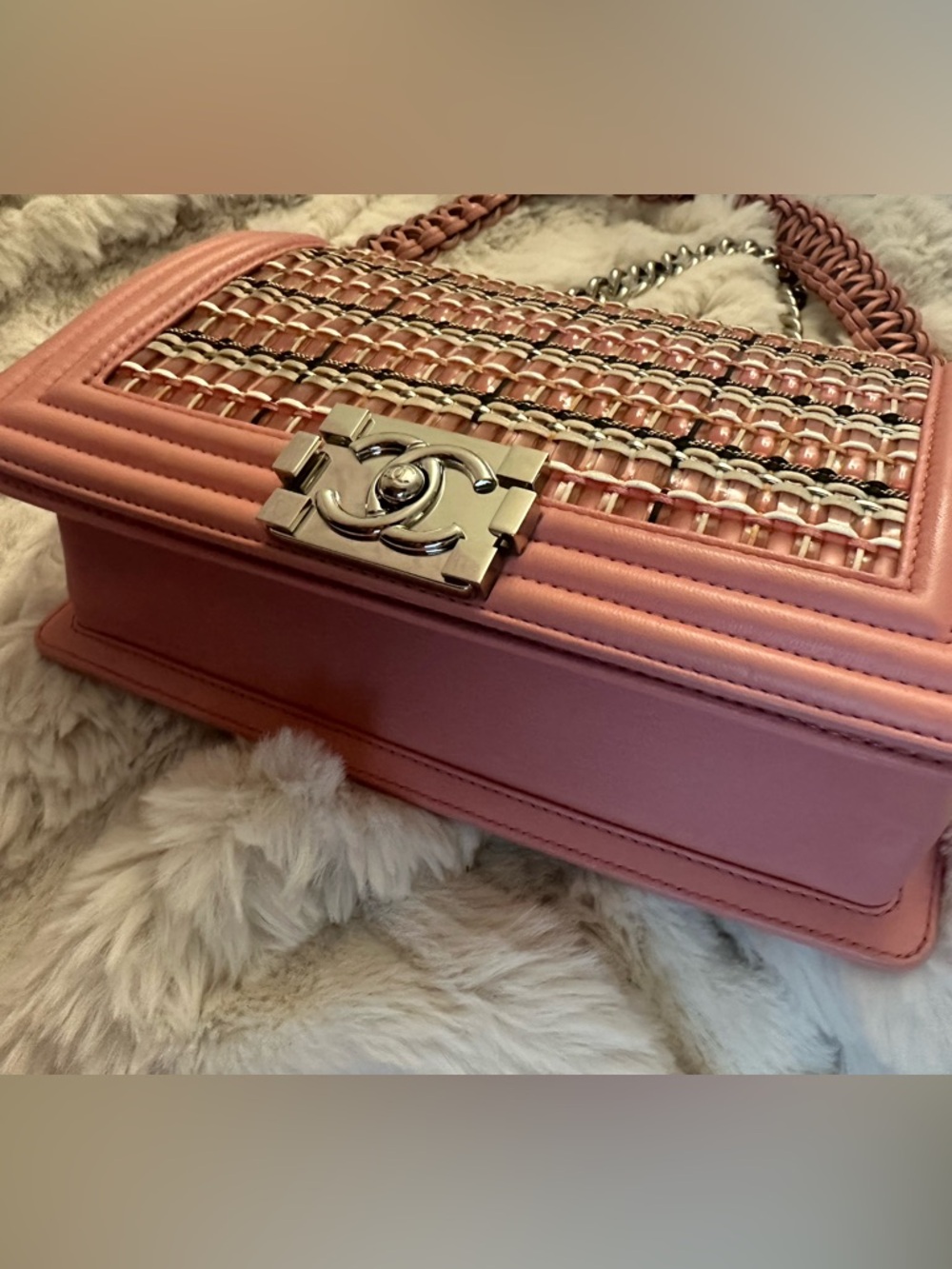 CHANEL Boy Flap Bag Pink Woven Panel Braided Handle Rare Seasonal - Picture 2 of 5